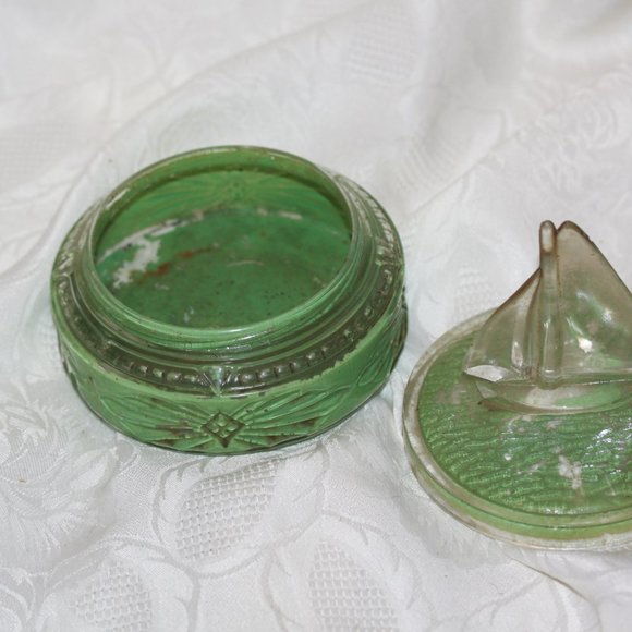 Reverse Painted Glass Vanity Dresser Trinket Sail Boat Lid Powder Jar Vintage - Picture 3 of 4